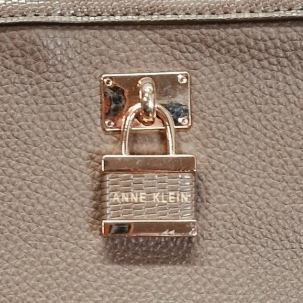 Anne Klein Taupe Pebble Grain Faux Leather Crossbody Bag Gold Lock Detail